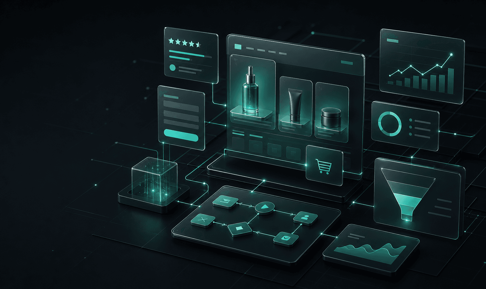 A connected commerce growth system with storefront, review, lead, and analytics modules
