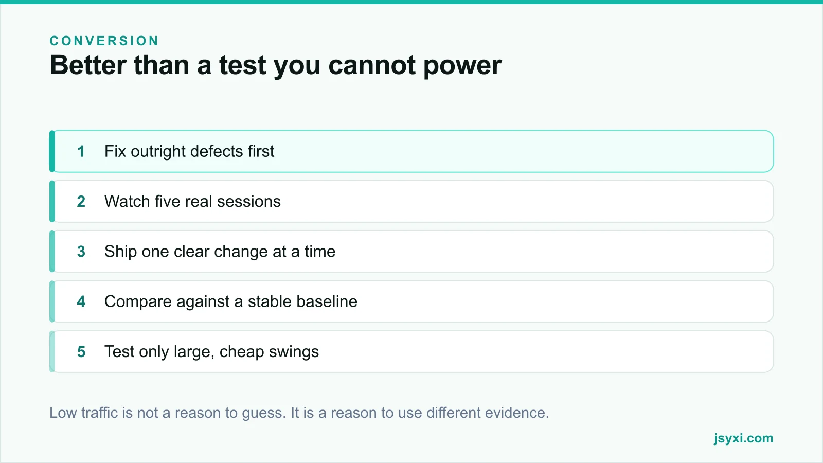 Priority stack of alternatives to underpowered A/B testing