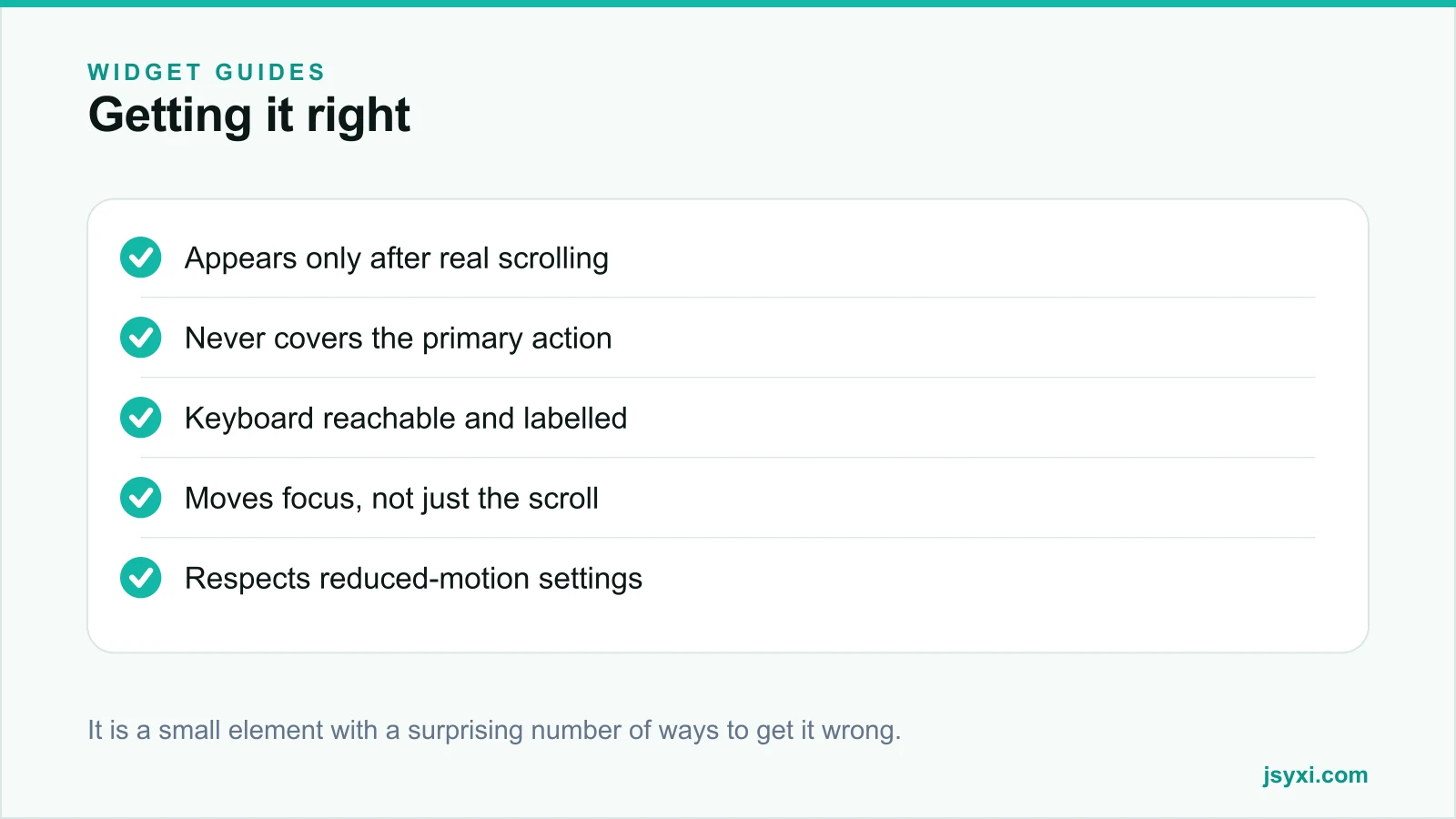Checklist panel listing how to implement a back-to-top button correctly