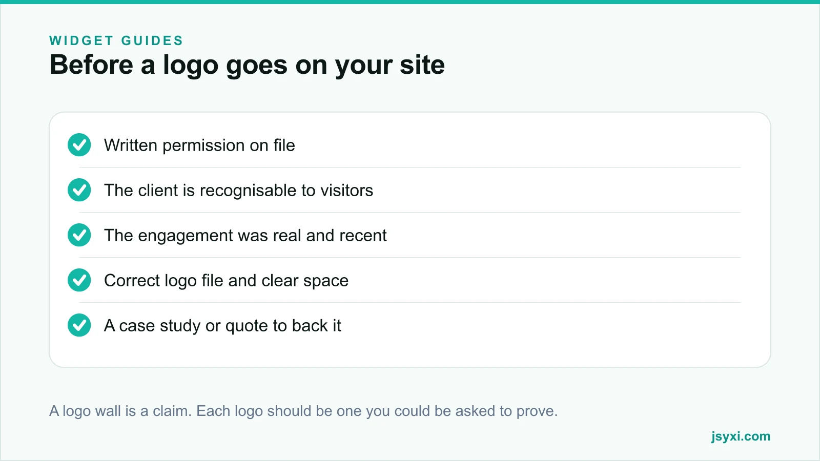 Checklist panel listing what to confirm before publishing a client logo