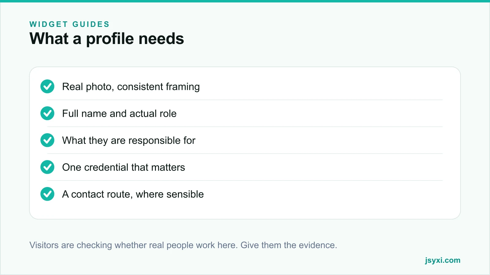 Checklist panel listing what a team profile needs