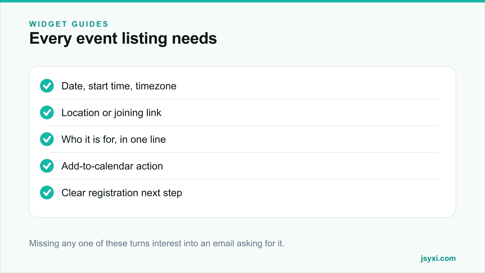 Checklist panel listing the six facts every event listing must show