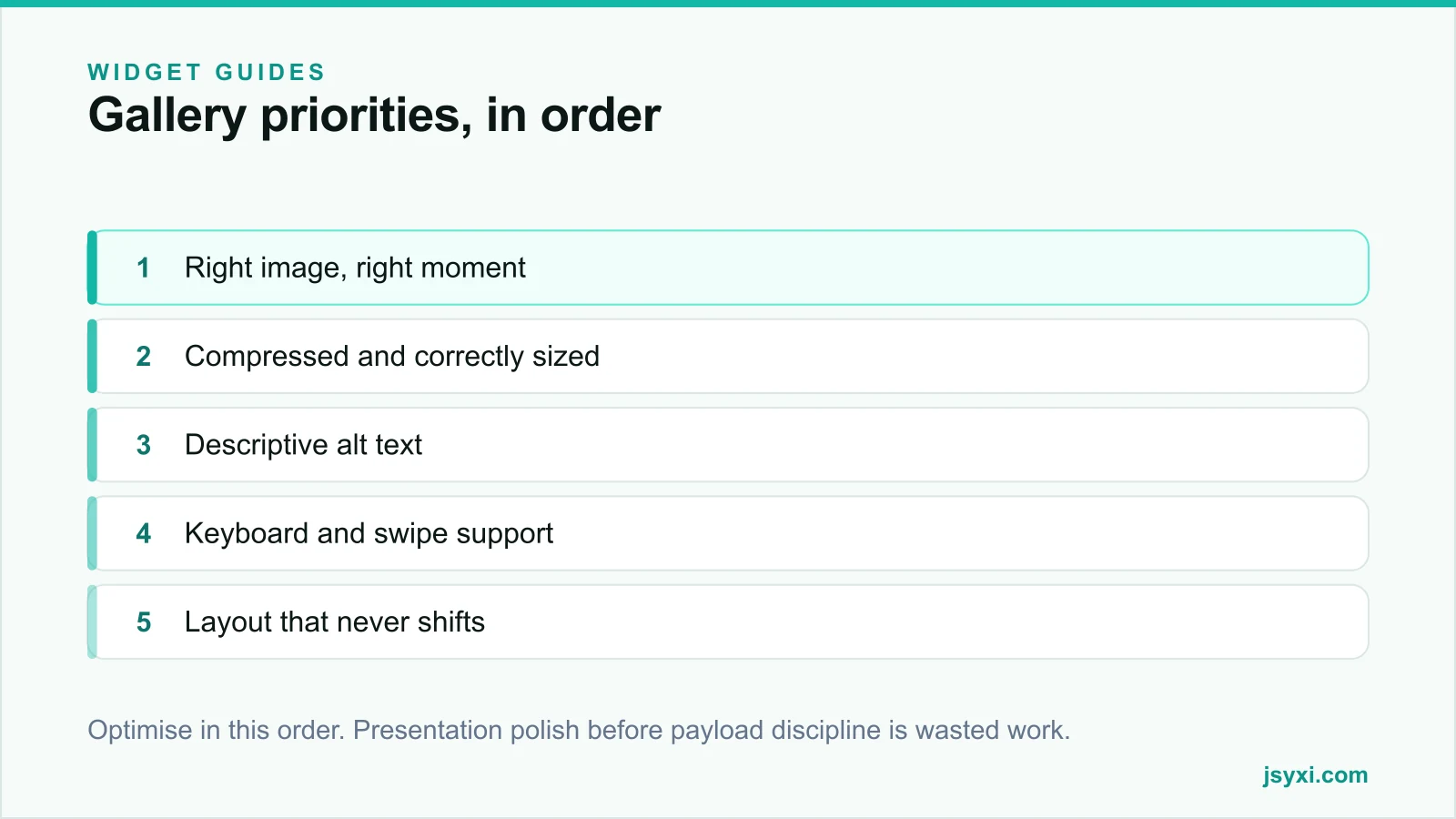 Layered priority diagram showing gallery optimisation order from content choice to layout stability