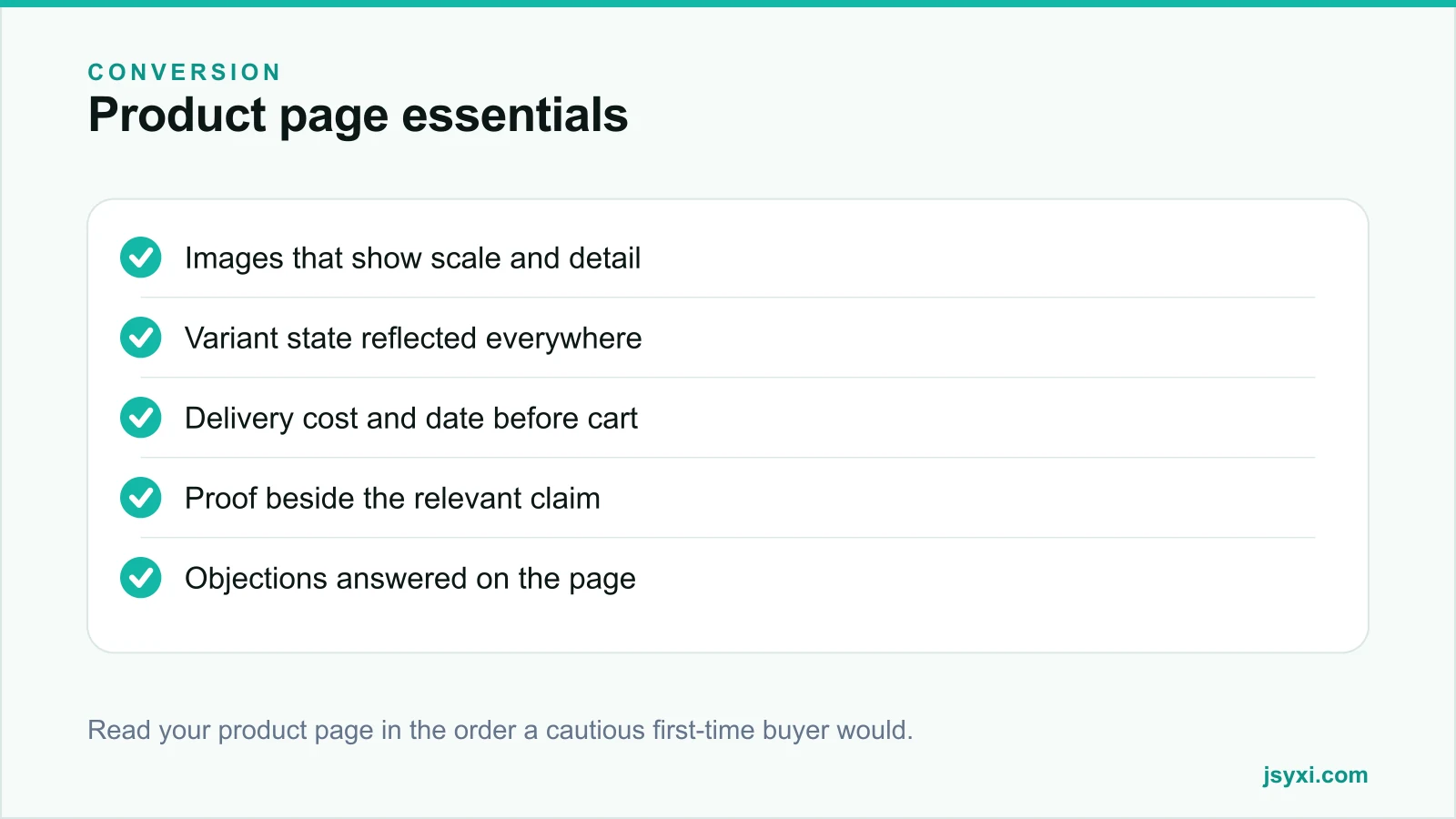 Checklist panel listing the essentials of a high-performing product page