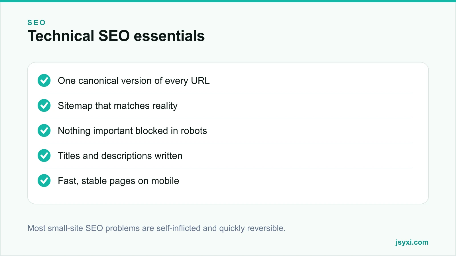 Checklist panel listing the essentials of technical SEO for a small site